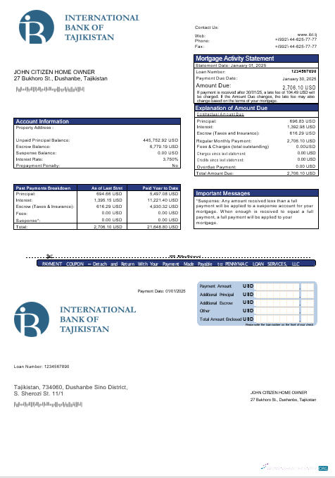 Download Tajikistan ITB bank mortgage statement in Word and PDF formats Photoshop template